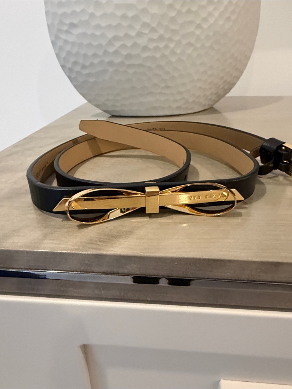 Ted Baker Black Leather Belt with Gold Bow Buckle